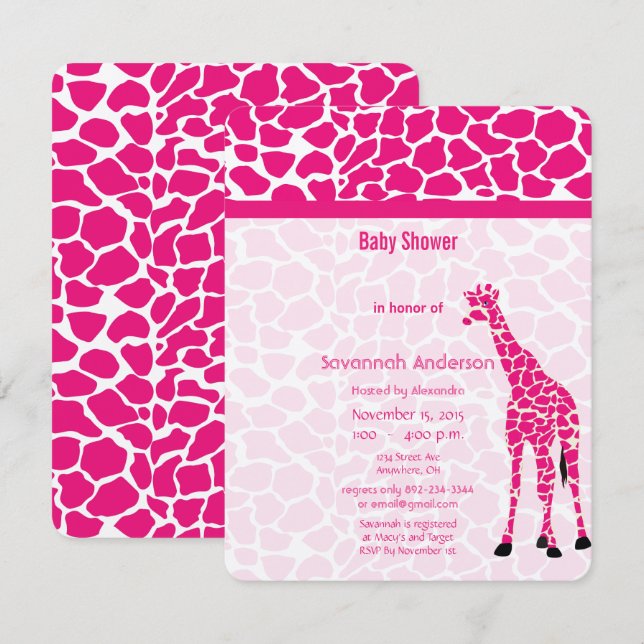 Invitación Giraffe Baby Girl PINK Patrón moderno Baby Shower (Anverso / Reverso)