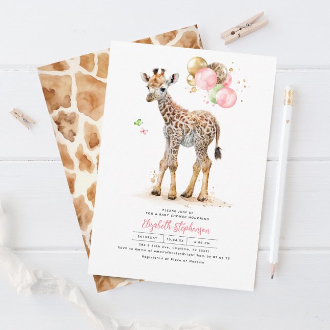 Invitación Giraffe Baby Pink Brown Gold Green Baby Shower (Subido por el creador)