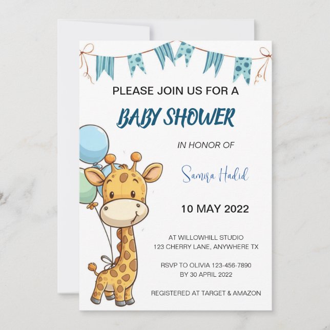 Invitación Giraffe Baby Shower - Boy (Anverso)