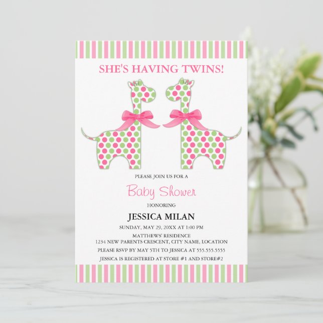 Invitación Giraffe Baby Shower, Chica gemelo (Anverso de pie)