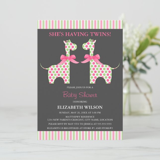 Invitación Giraffe Baby Shower, Chica gemelo (Anverso de pie)