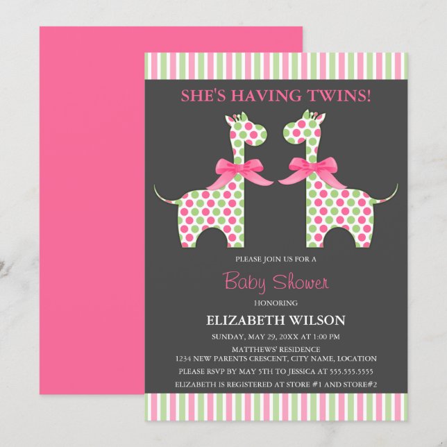 Invitación Giraffe Baby Shower, Chica gemelo (Anverso / Reverso)