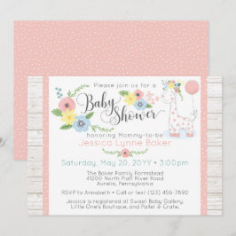 Invitación Giraffe Baby Shower | Floral y madera rugosa