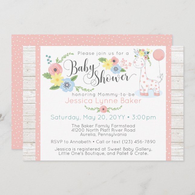Invitación Giraffe Baby Shower | Floral y madera rugosa (Anverso / Reverso)