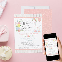 Invitación Giraffe Baby Shower | Floral y madera rugosa
