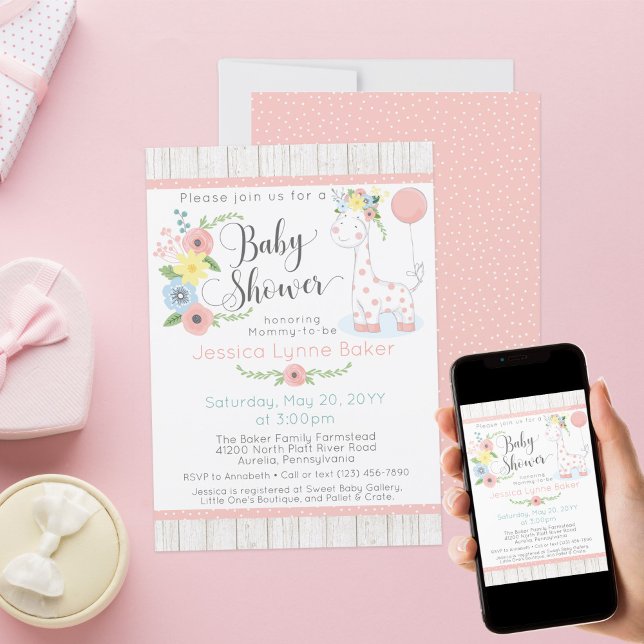 Invitación Giraffe Baby Shower | Floral y madera rugosa (Subido por el creador)