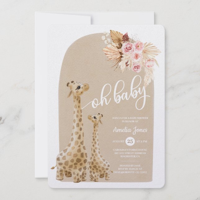 Invitación Giraffe Baby Shower Invitati de pampas neutra (Anverso)