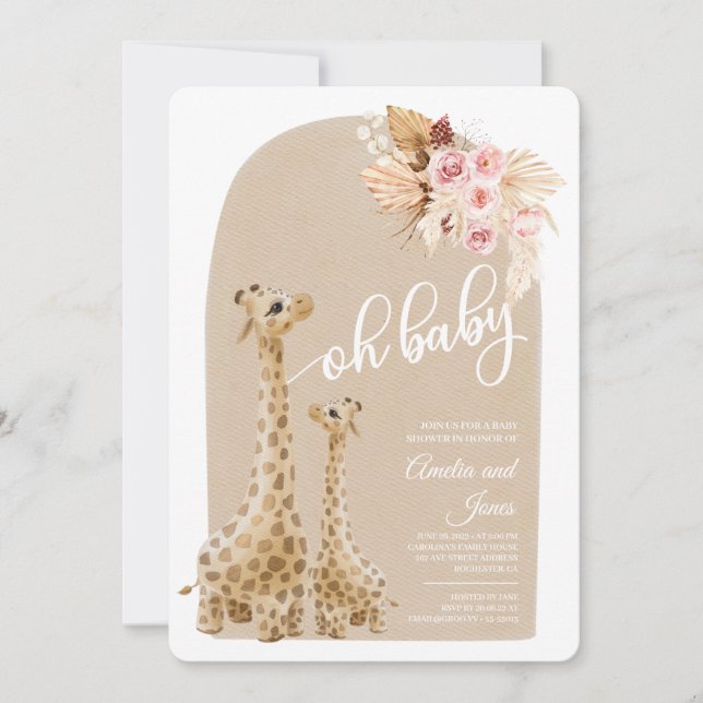 Invitación Giraffe Baby Shower Invitati de pampas neutra (Anverso)