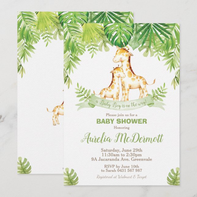 Invitación Giraffe Baby Shower Jungle Animals Baby Boy Green (Anverso / Reverso)