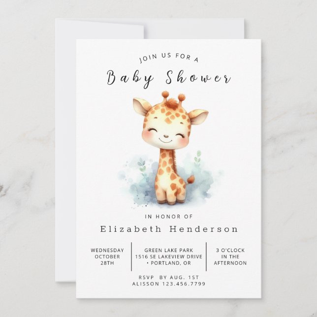 Invitación Giraffe Baby Shower, Personalizado bohemio (Anverso)