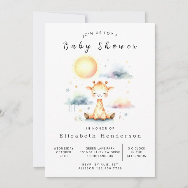 Invitación Giraffe Baby Shower, Personalizado bohemio (Anverso)