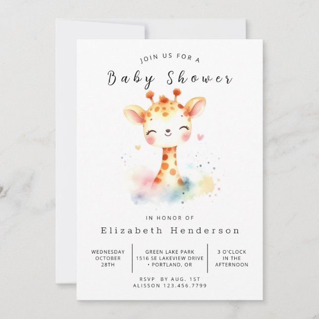 Invitación Giraffe Baby Shower, Personalizado neutral de géne (Anverso)