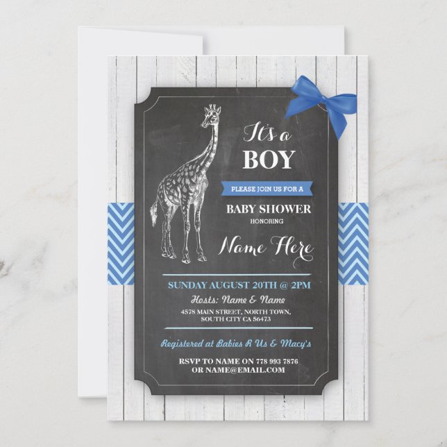Invitación Giraffe Blue Baby Shower Fiesta Boy Wood Invite (Anverso)