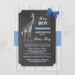 Invitación Giraffe Blue Baby Shower Fiesta Boy Wood Invite