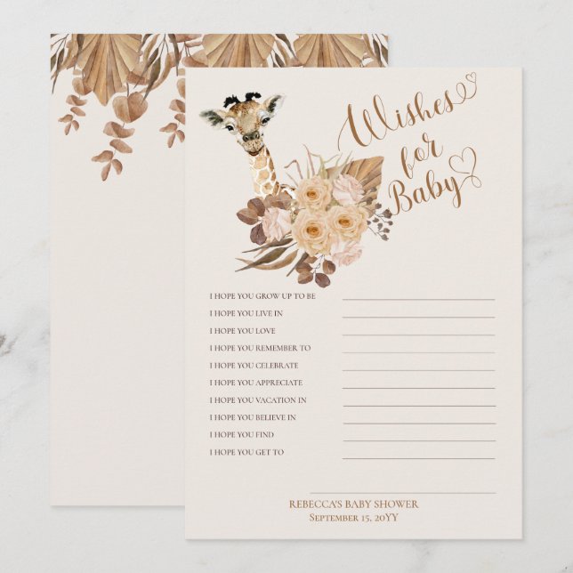 Invitación Giraffe Boho estudia los deseos de Baby Shower par (Anverso / Reverso)