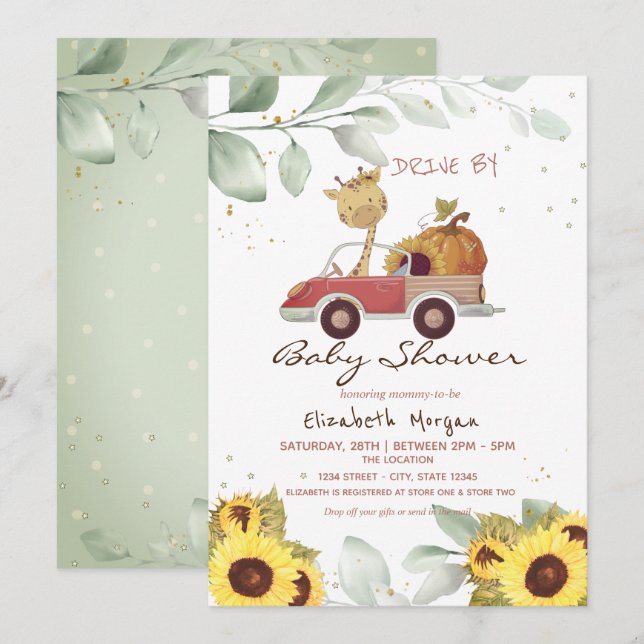 Invitación Giraffe Camión girasol Calabaza Baby Shower (Anverso / Reverso)