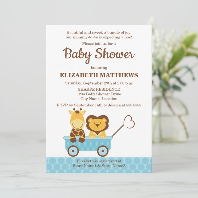 Invitación Giraffe caprichosa y Baby Shower de leones (Anverso de pie)