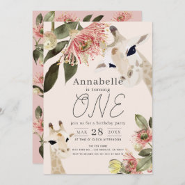 Invitación Giraffe Chica Floral Rosa Primer cumpleaños