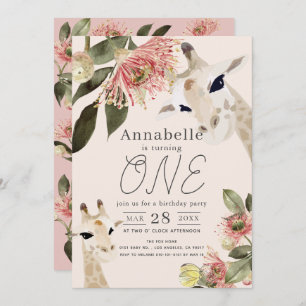 Invitación Giraffe Chica Floral Rosa Primer cumpleaños