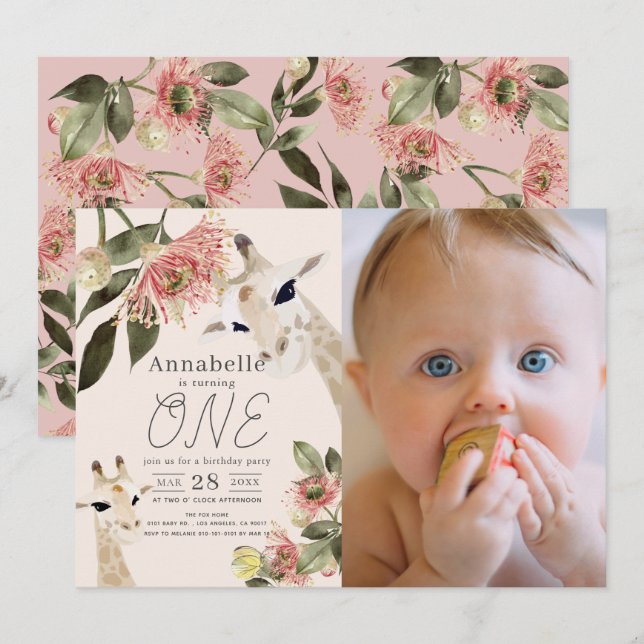 Invitación Giraffe Chica Floral Rosa Primer cumpleaños Foto (Anverso / Reverso)