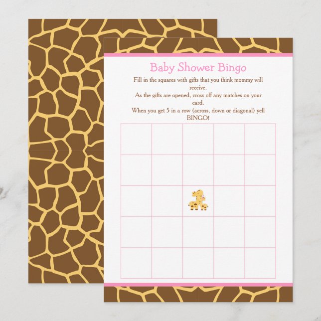 Invitación Giraffe Chica Rosa Baby Shower Bingo (Anverso / Reverso)