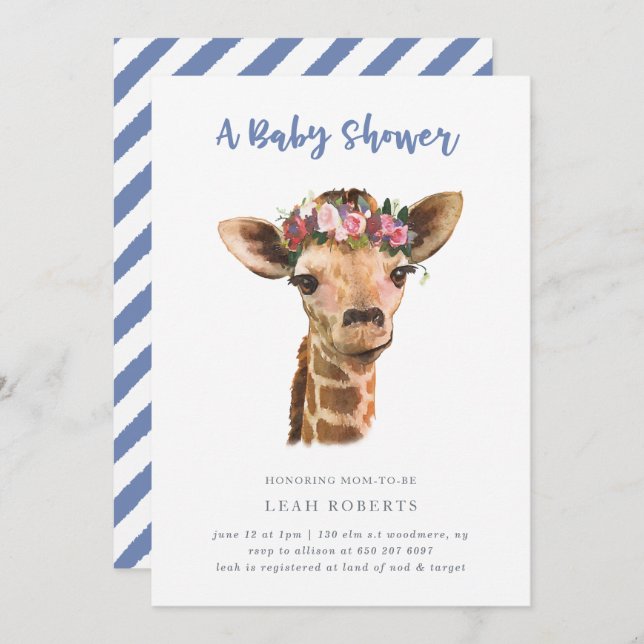 Invitación Giraffe con corona floral (Anverso / Reverso)