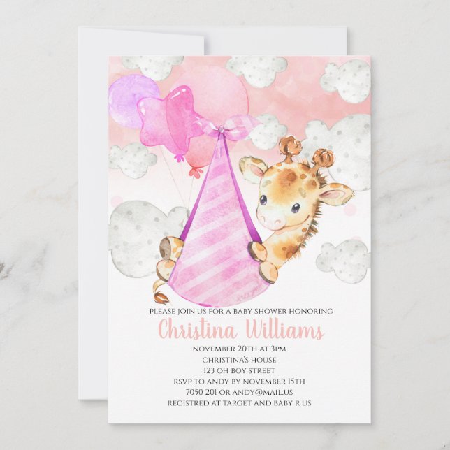 Invitación Giraffe Cub Baby Girl Baby Shower Cubre Rosa (Anverso)