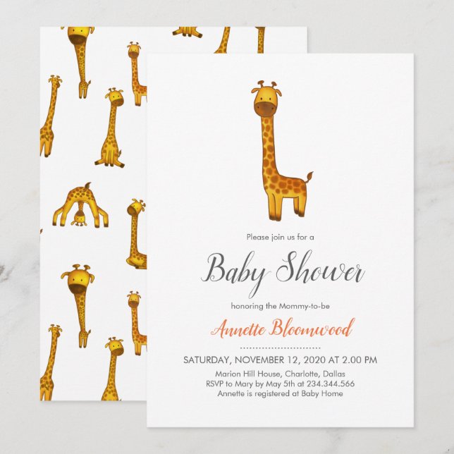 Invitación Giraffe Cute Minimalista Baby Shower (Anverso / Reverso)