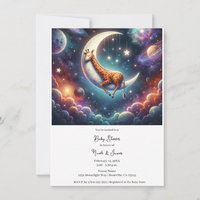Invitación Giraffe de bebé celestial duerme en la luna y las  (Anverso)
