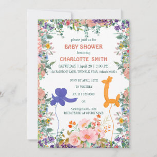 Invitación Giraffe de elefante lindo globo ducha de bebé flor