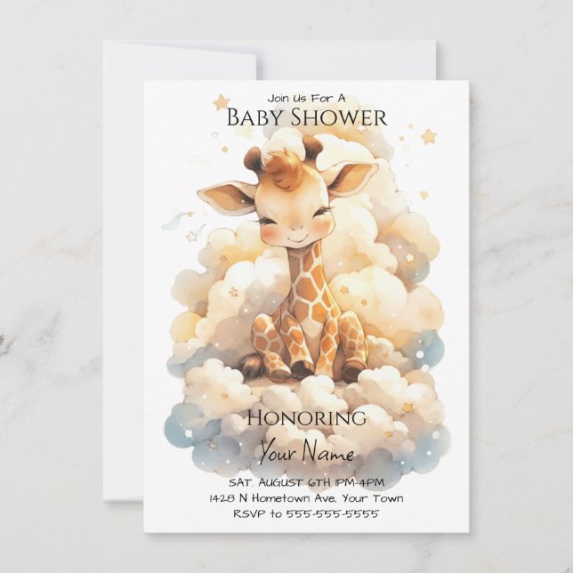 Invitación Giraffe Del Bebé En El Baby Shower De Las Nubes (Anverso)