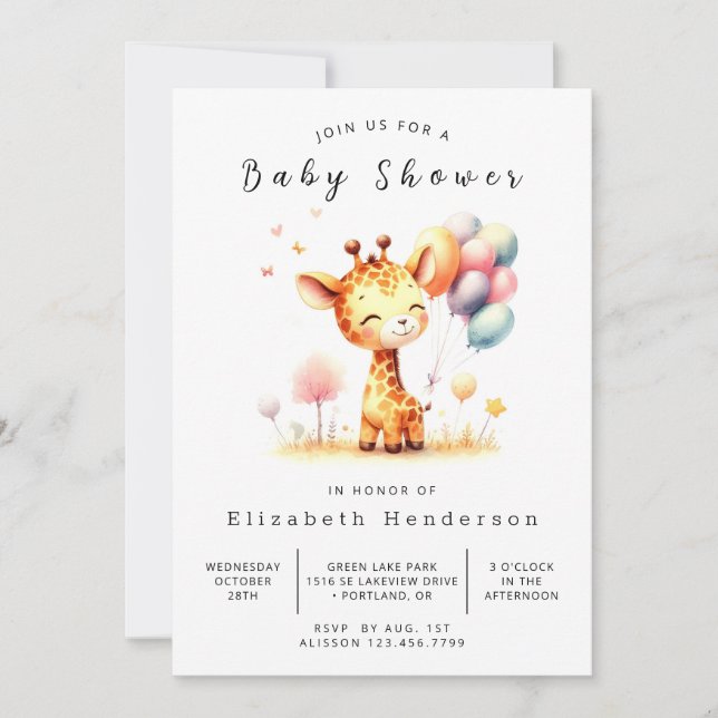Invitación Giraffe digital moderna Baby Shower (Anverso)