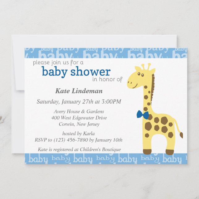 Invitación Giraffe en Baby Shower azul para niño (Anverso)