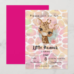 Invitación Giraffe en el cumpleaños de los chicas de acuarela