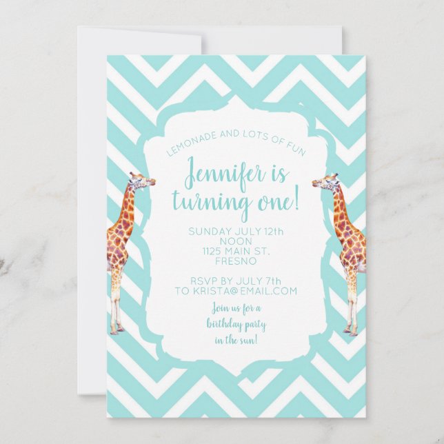 Invitación Giraffe en el zigzag chevron. (Anverso)
