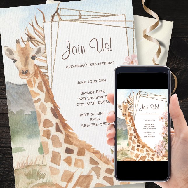 Invitación Giraffe en la fiesta de cumpleaños de la sabana af (Available in physical and digital formats!)