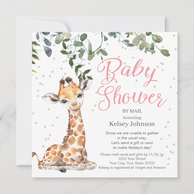 Invitación Giraffe Eucalyptus Greenery Baby Shower rosa (Anverso)