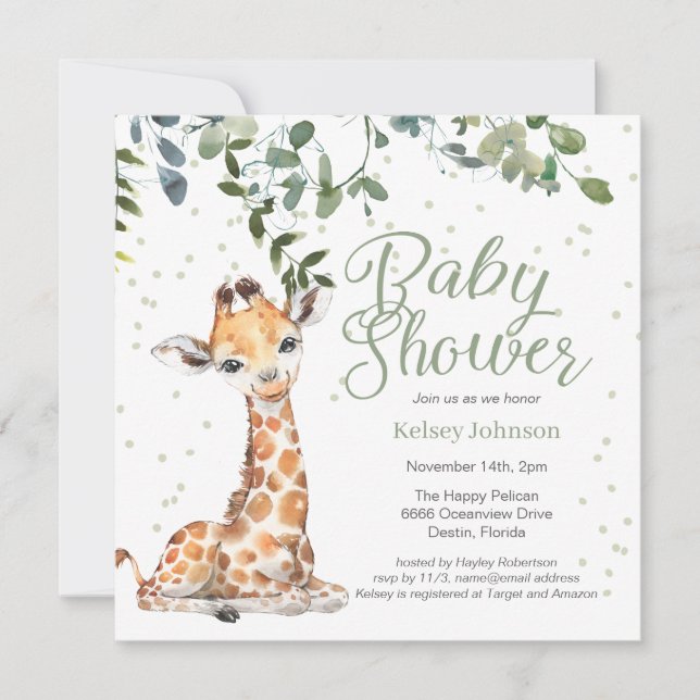 Invitación Giraffe Eucalyptus Greenery Neutral Baby Shower (Anverso)