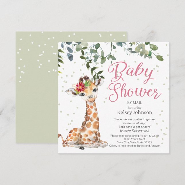 Invitación Giraffe Eucalyptus Pink Floral Baby Shower (Anverso / Reverso)