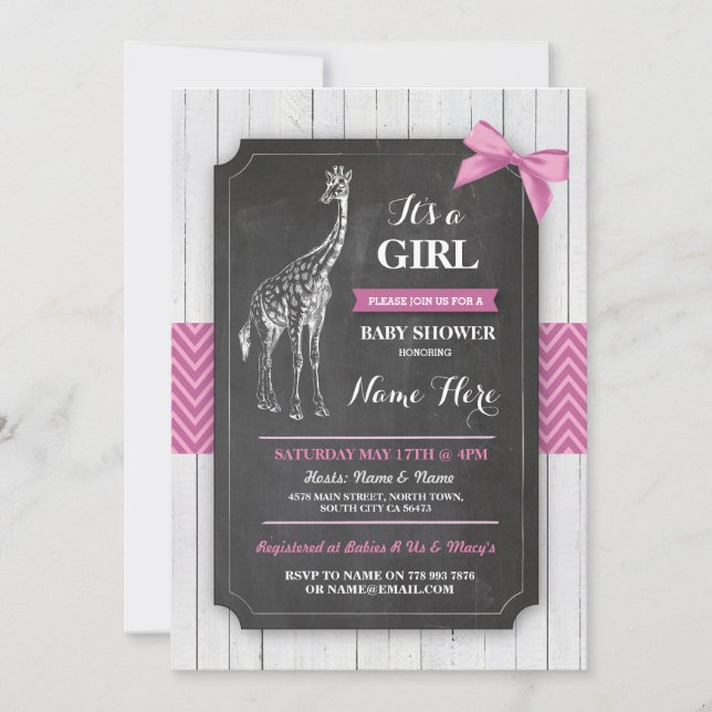 Invitación Giraffe Fiestas rosados de Baby Shower Chicas Wood (Anverso)