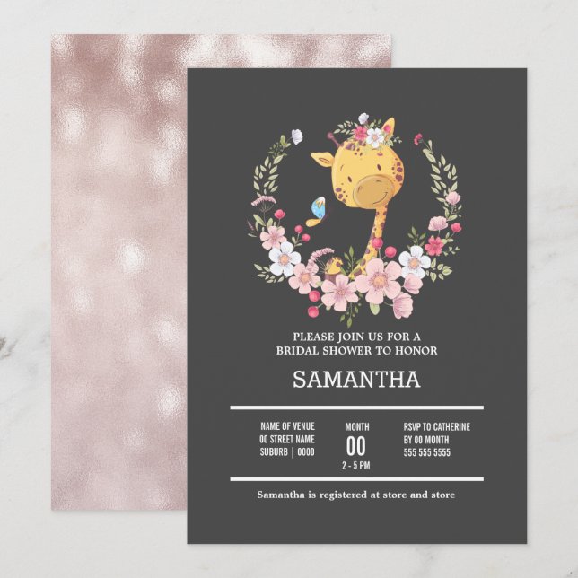 Invitación Giraffe floral guirnalda bebé safari jungla animal (Anverso / Reverso)