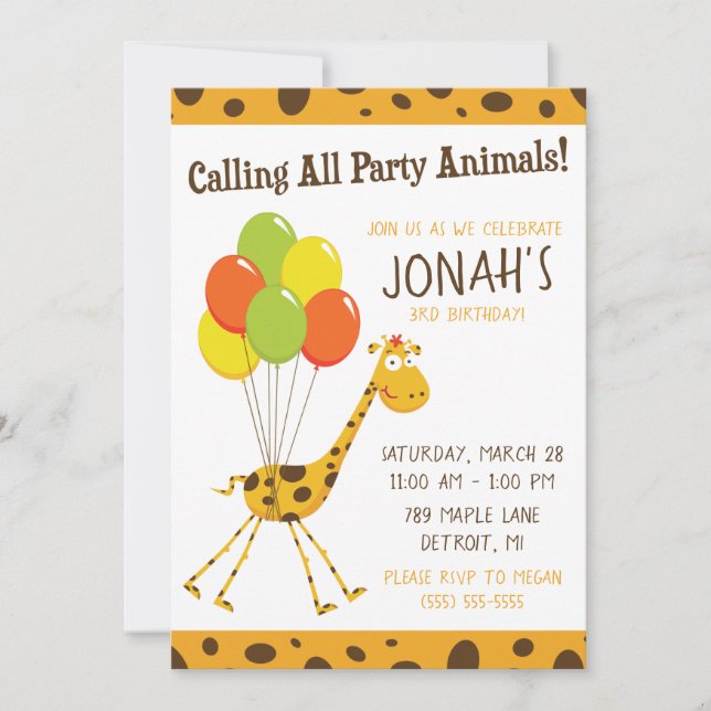 Invitación Giraffe flotante con fiesta de cumpleaños de los g (Anverso)