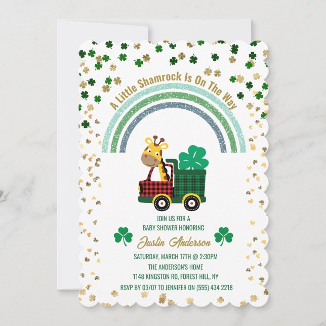 Invitación Giraffe Gold Leprechaun Clover Rainbow Baby Shower (Anverso)