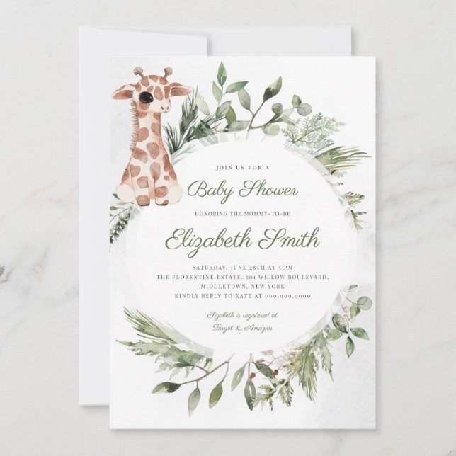 Invitación Giraffe Greenery Sexo Animal Neutral Baby Shower (Anverso)