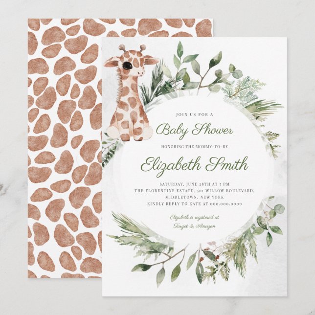 Invitación Giraffe Greenery Sexo Animal Neutral Baby Shower (Anverso / Reverso)