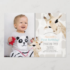 Invitación Giraffe Greige Watercolor Foto Primer cumpleaños