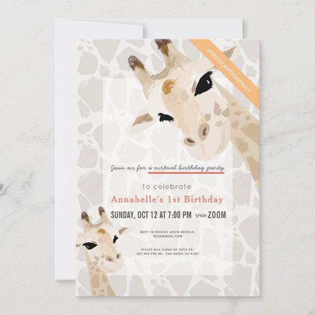Invitación Giraffe Greige Watercolor Kids Aniversario virtual (Anverso)