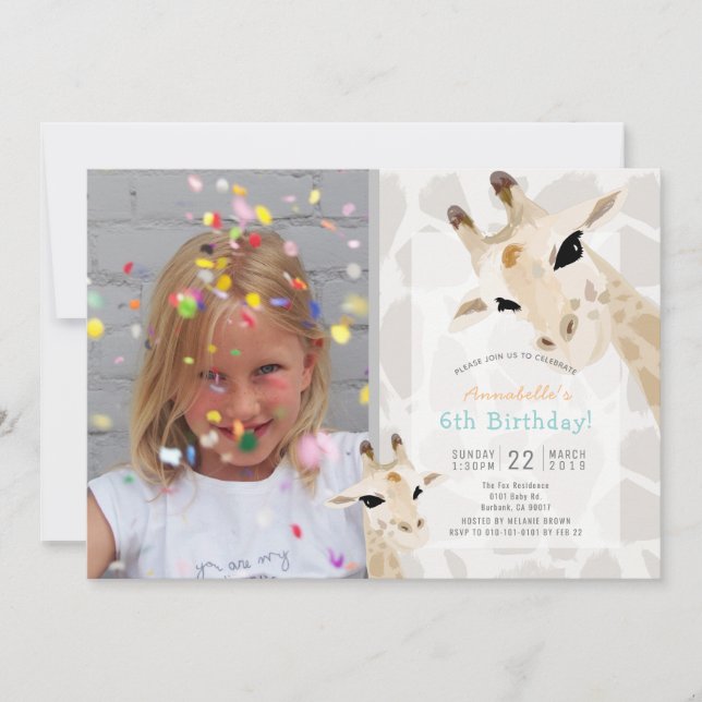 Invitación Giraffe Greige Watercolor Kids Foto Cumpleaños (Anverso)