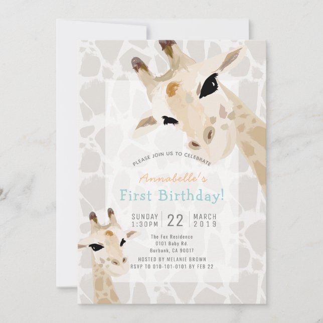 Invitación Giraffe Greige Watercolor Primer Cumpleaños (Anverso)