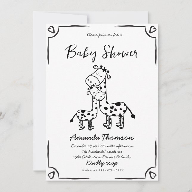 Invitación Giraffe Hand Drawn baby ducha (Anverso)